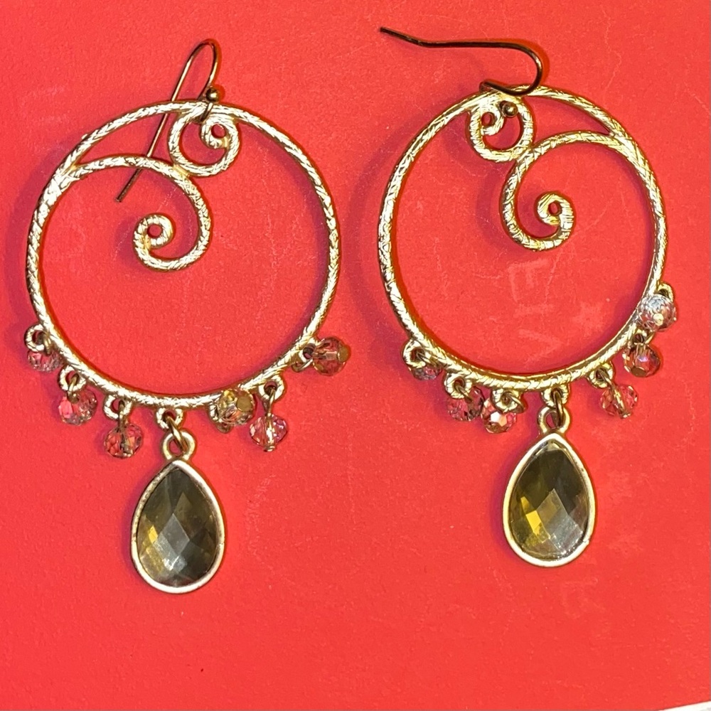 Earrings  Boho Hammered GoldTone Spiral  faux Amber /Crystal charms